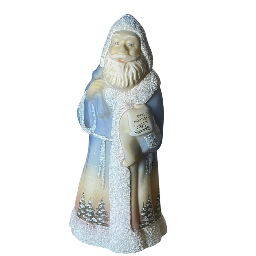 Fenton Glass Santa Figurine Blue Artist Signed Santas List Trees Limited Edition